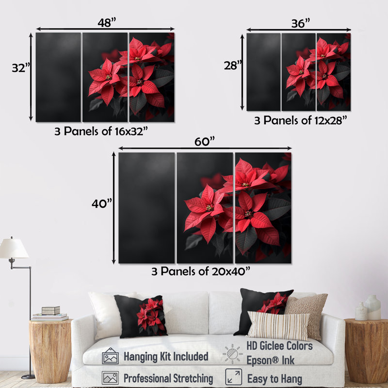 Glaude - Ensemble de décoration murale poinsettias, H 28 po x l 36 po x P 1 po, Toile tendue