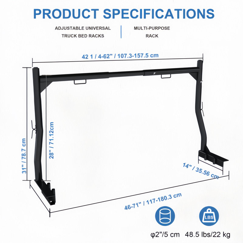 Support universel robuste pour échelle de lit de camion - capacité de 900 lb, support de chargement en acier réglable de 46 à 71 pouces sans perçage pour les kayaks, le bois d'œuvre, les planches de surf et les matériaux de construction