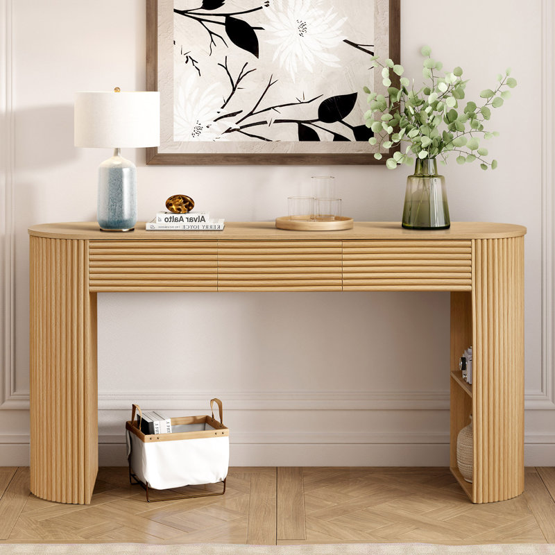 Nara Modern Japandi MDF Console Table With 3 Drawers, Fluted Detail, And Open Storage Niche, Natural
