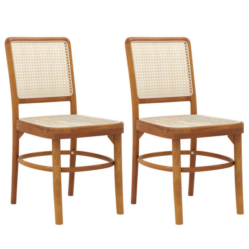 Ensemble de 2 chaises de salle à manger Boho en rotin avec structure en bois de teck et repose-pieds