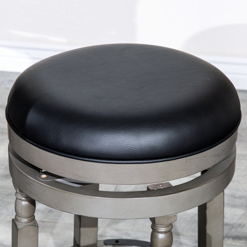 30" Bar Stool, Weathered Gray, Black Leather Seat, 360-Degree Spin Chair, 17" Seat Diameter, 12" Footrest, Solid Hardwood Stool In 360 Swivel Movement, Build