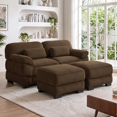 Canapé Cloud 2 places de 194 cm avec 2 poufs, canapé modulable à assise profonde avec revêtement en velours côtelé moelleux, accoudoirs et coussins lombaires rembourrés amovibles pour salon, chambre et appartement