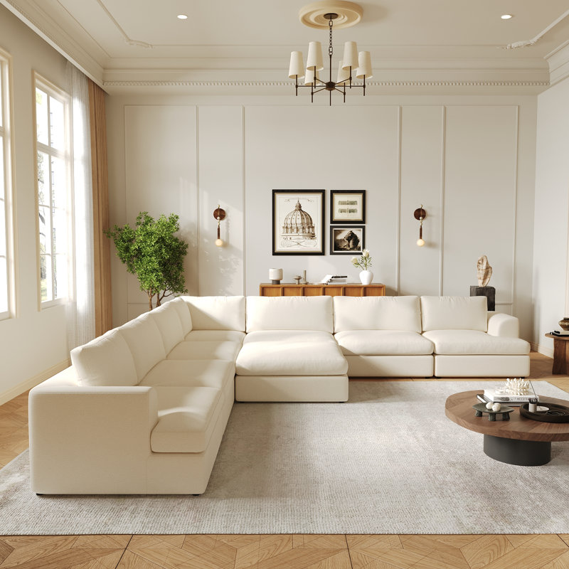 8-Piece Boucle Fabric Corner Sectional Sofa With Ottomans, Blanc