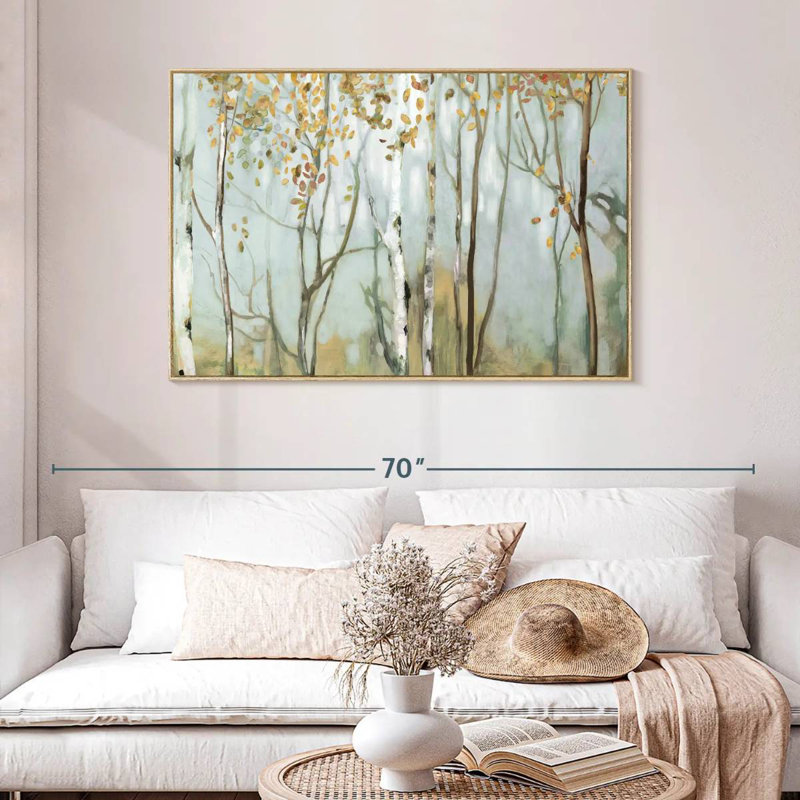 Bouleau dans le brouillard II, Cadre flottant en bois naturel, 46 po x 31 po