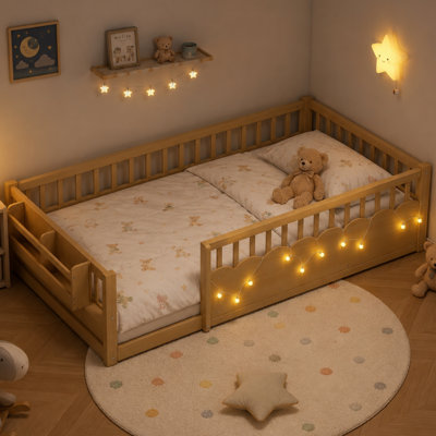Lit en bois avec garde-corps de sécurité, bibliothèque intégrée et lumière chaude Luna Montessori
