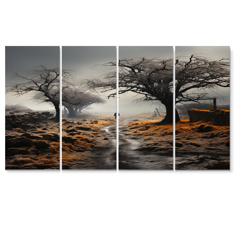 «Winter Loneliness Desolate Country Road», art mural campagne 4 pièces, H 28 po x l 48 po