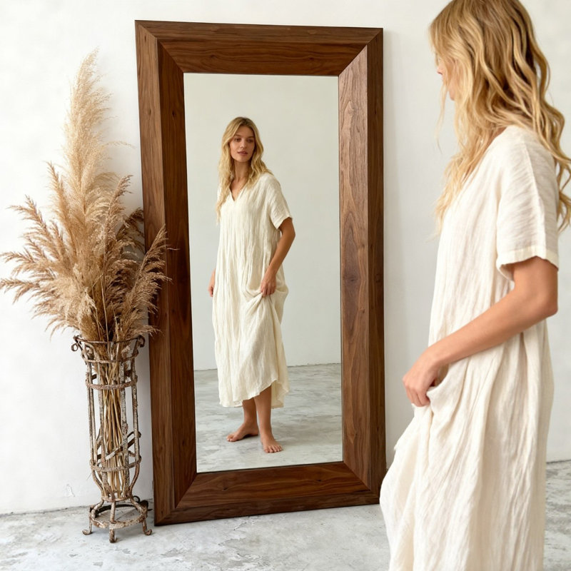 French-style retro solid wood full-length mirror and floor-standing mirror, 70.87" H x 35.43" W