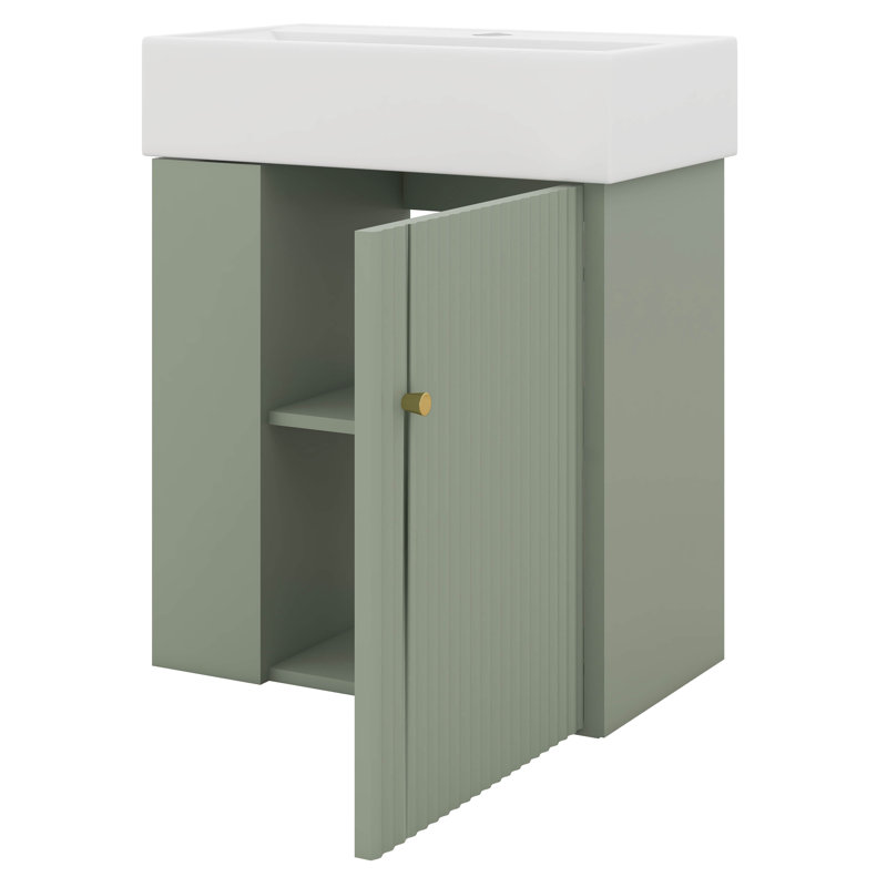 Meuble-lavabo flottant moderne 21,6 po avec lavabo en céramique, meuble de rangement mural avec porte et rangement à gauche