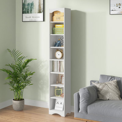 Bibliothèque d'angle à 8 niveaux, grande bibliothèque étroite blanche pour petits espaces, étagère de rangement moderne pour le salon, la chambre à coucher ou le bureau