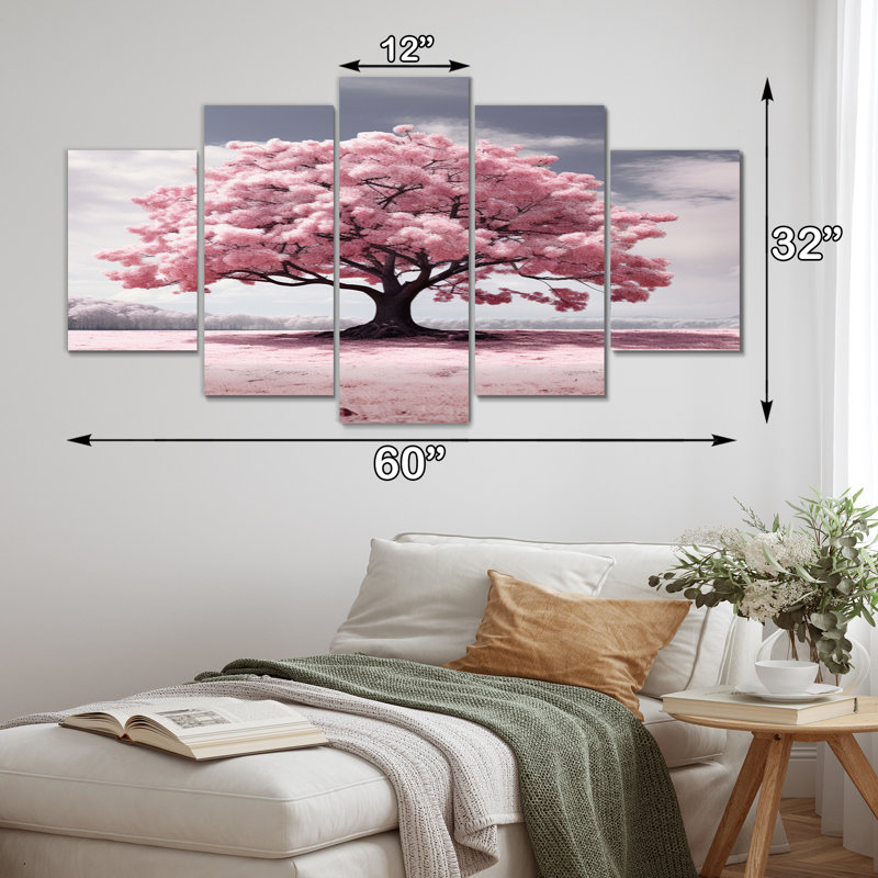 Éveil printanier rose II - décoration murale florale - 5 panneaux