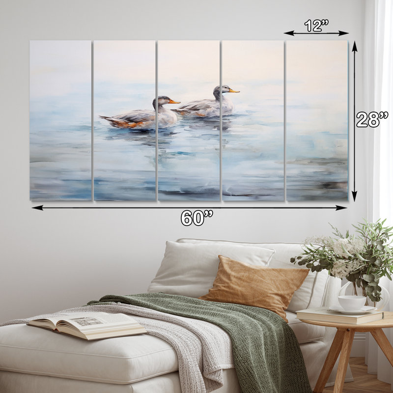Canards bruns nageant dans la brume matinale du lac - reproduction d'art sur toile canard animal - 5 panneaux égaux