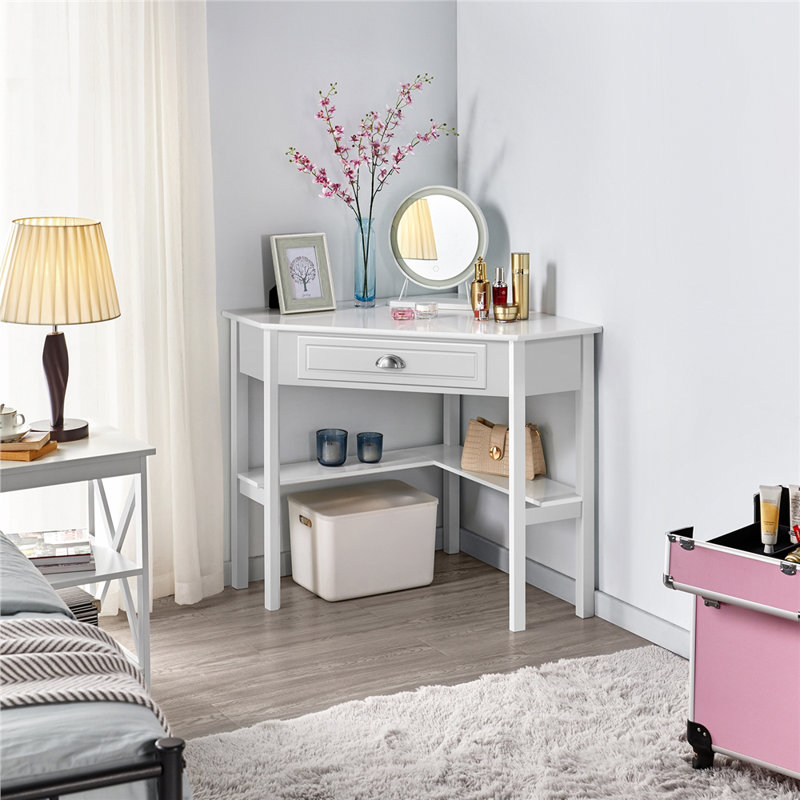 color Corner Computer Desk Home Office Writing Study Desk with Storage Drawer & Shelves, White