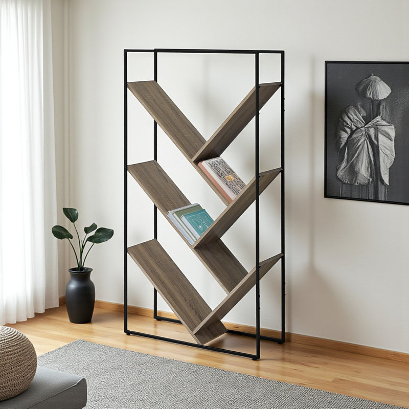 Jody 5 Tier Open Shelves V-Shaped Bookcase in Light Brown, 60.12" H X 31.83" W X 11.87" D