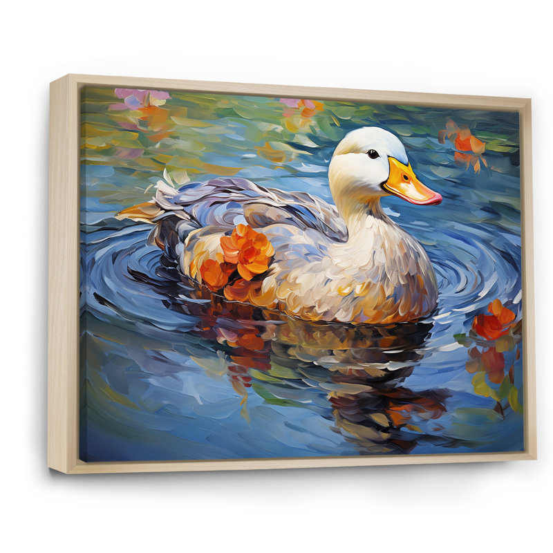 «Duck At The Pond I» - Art mural animal canard, H 34 po x l 44 po x P 1,5 po, Cadre flottant brun