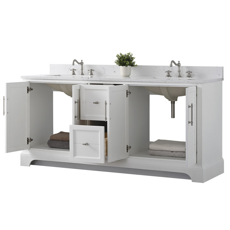 Ensemble de meuble-lavabo autoportant à double cuve 72 po avec plateau en marbre d'ingénierie Vannes, Blanc