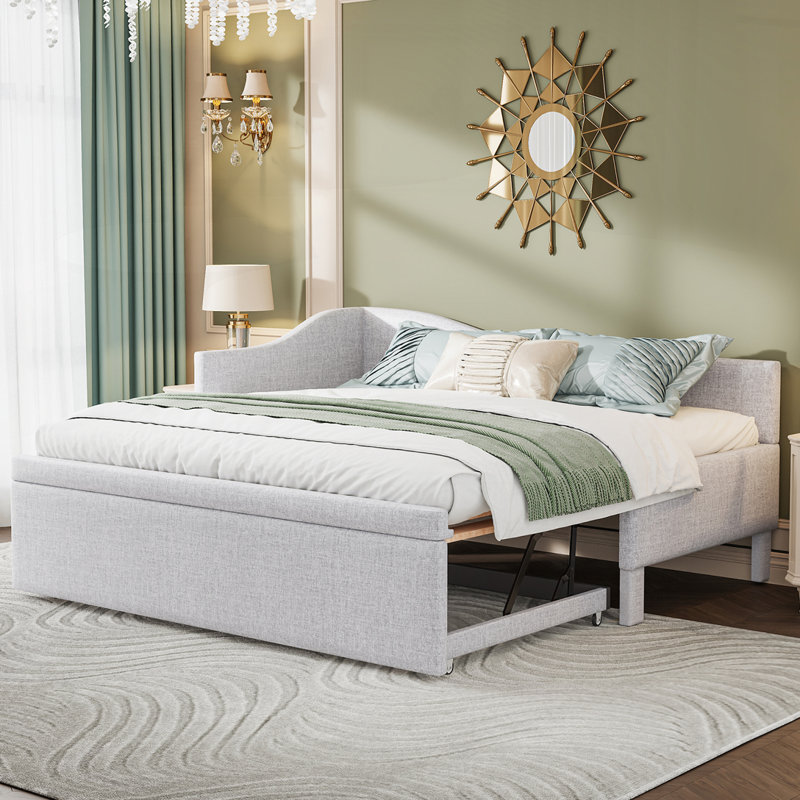 Upholstered Corner Daybed With Pop Up Trundle, Beige