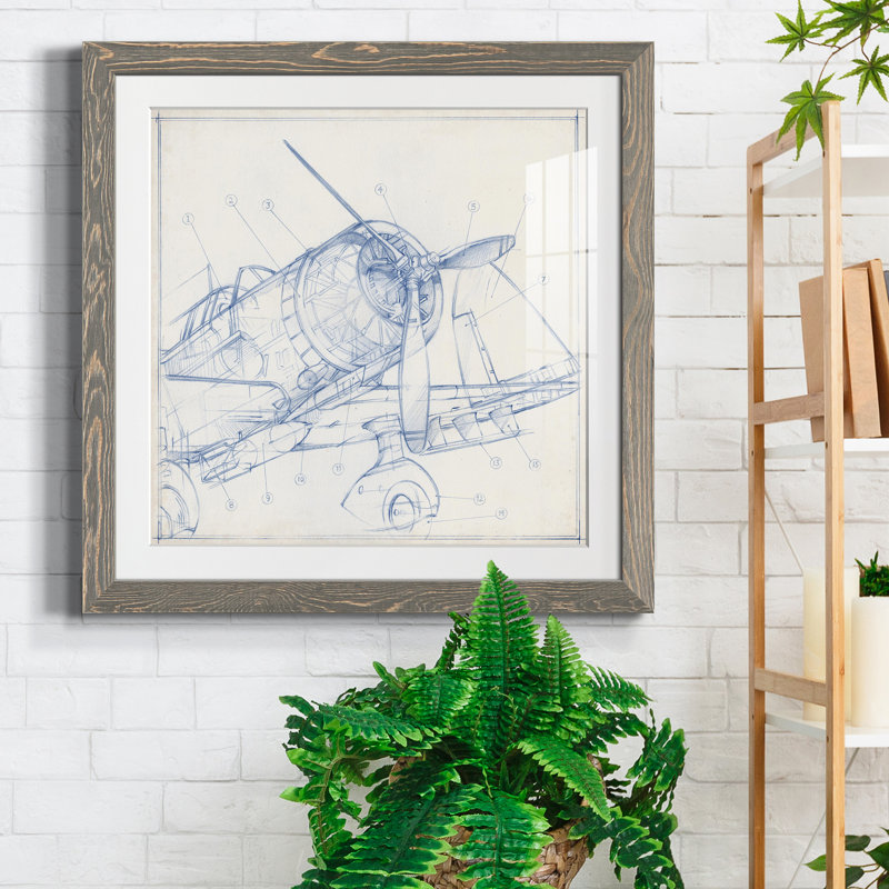 Croquis mécanique d'avion I-Premium, reproduction encadrée - prêt à être accroché, H 22,5 po x l 22,5 po x P 1,5 po, Blanc