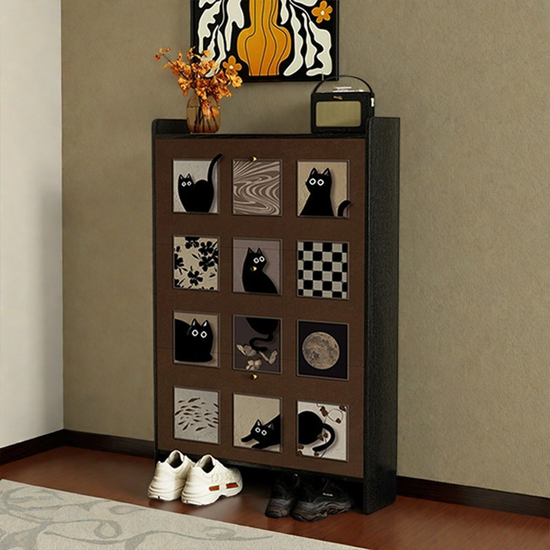 Ultra-Thin Flip-Down Shoe Cabinet with Cat Pattern