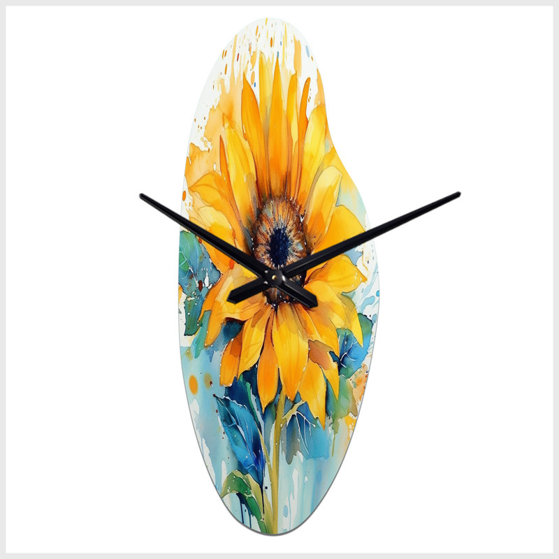 Jaune jaune bleu doré tournesols III - horloge murale asymétrique florale, Médium