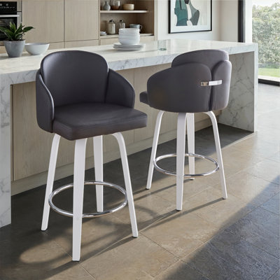 Tabouret de bar à hauteur fixe avec pivot en bois blanc et similicuir noir avec repose-pieds rond chromé - ensemble de 2