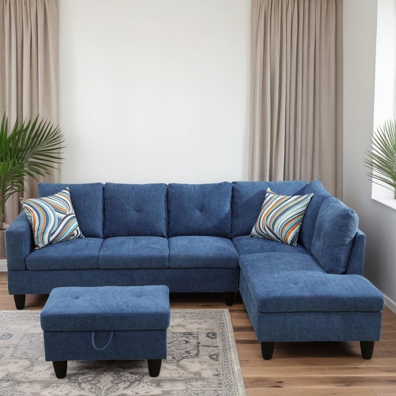 Canapé modulaire en lin 3 pièces 3 pièces, Lin bleu, Orienté à droite