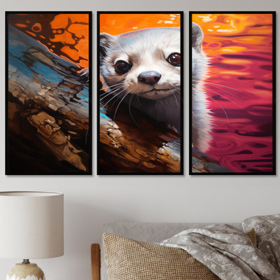 Adorable Otter On A Tree By The Sunset Water I - Otter Wall Art Set