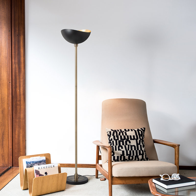 Luna Bella Torchiere Floor Lamp - Matte Black & Gold-Leaf Shade, Weathered Brass, Black Marble Base, Dimmer