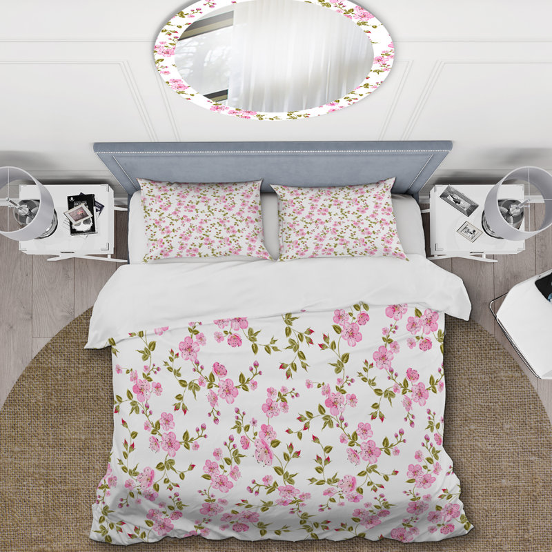 Fleurs roses et feuille verte - ensemble de housse de couette floral - microfibre de polyester