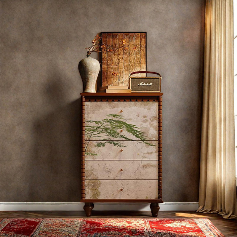Armoire décorative à cinq tiroirs en pin massif, Brun