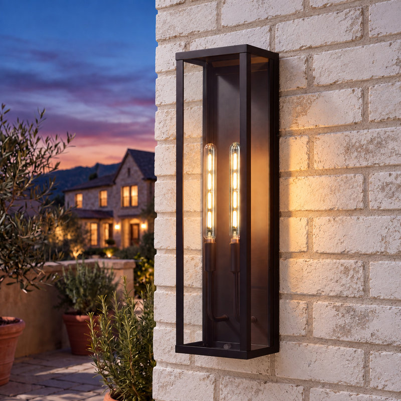 Applique murale extérieure moderne noire à 2 lumières de 56 cm (22 po) avec verre transparent pour porche, entrée et garage