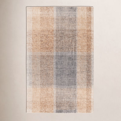 Light Brown Blue Hand-Tufted Geometric Wool Rug