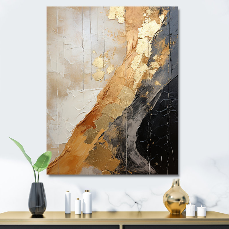 Minimalisme or chromé et poteries noires sur toile, Toile tendue, H 20 po x l 12 po x P 1 po