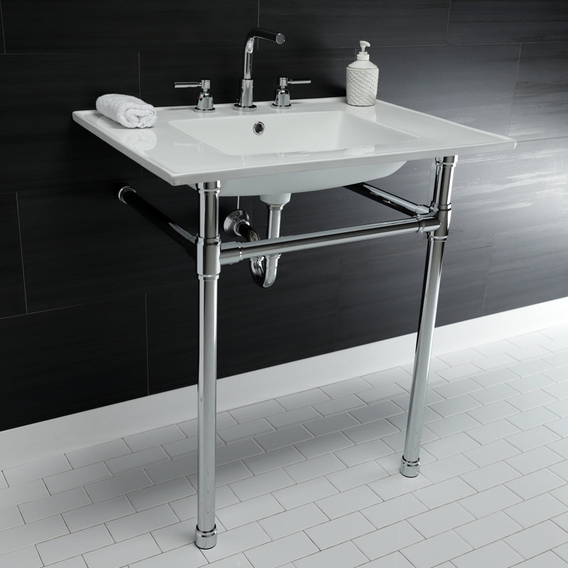 Lavabo de salle de bain console en céramique avec trop-plein, Chrome poli, Centres de 8 po