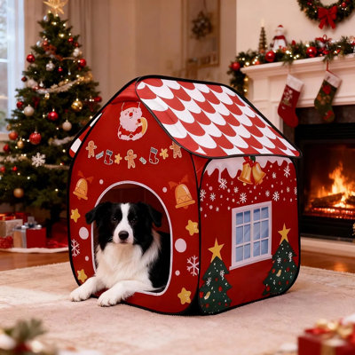 foldable christmas themed indoor dog house portable pet shelter with plush cushion lightweight collapsible easy‑assembly pet bed for living room bedroom holiday home decor