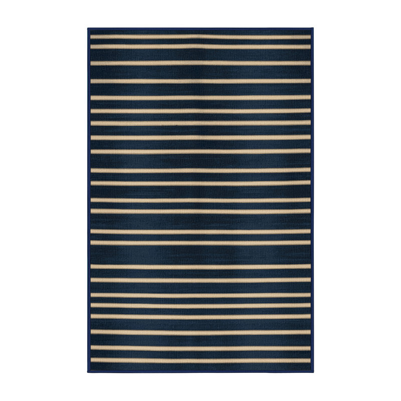 Washable Midnight Blue Cream Striped Area Rug, Rectangle 4' x 6'
