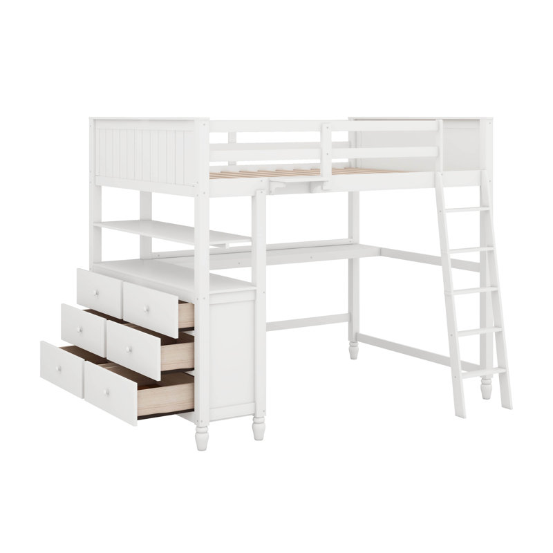 Lit mezzanine double avec bureau, tiroirs et tablettes