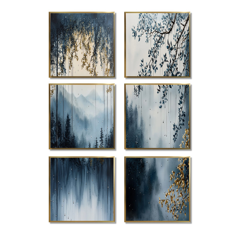 Forêt bleue et dorée après-midi pluvieux - ensemble de 6 impressions sur toile forêt, Impression encadrée sans passe-partout