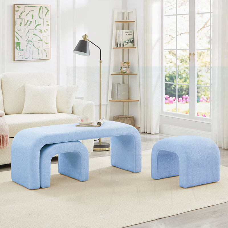 Set of 3 U-Shaped Modern Teddy Ottoman Benches for Entryway, Bedroom, and Living Room Extra Seating, Light Blue
