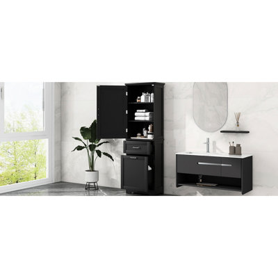 Freestanding Tall Bathroom Storage Cabinet Of Black Painted Finish, Two Different Size Drawers, Adjustable Shelf And - Toppling Installation For Home With Shelf, Slide Rails Feature