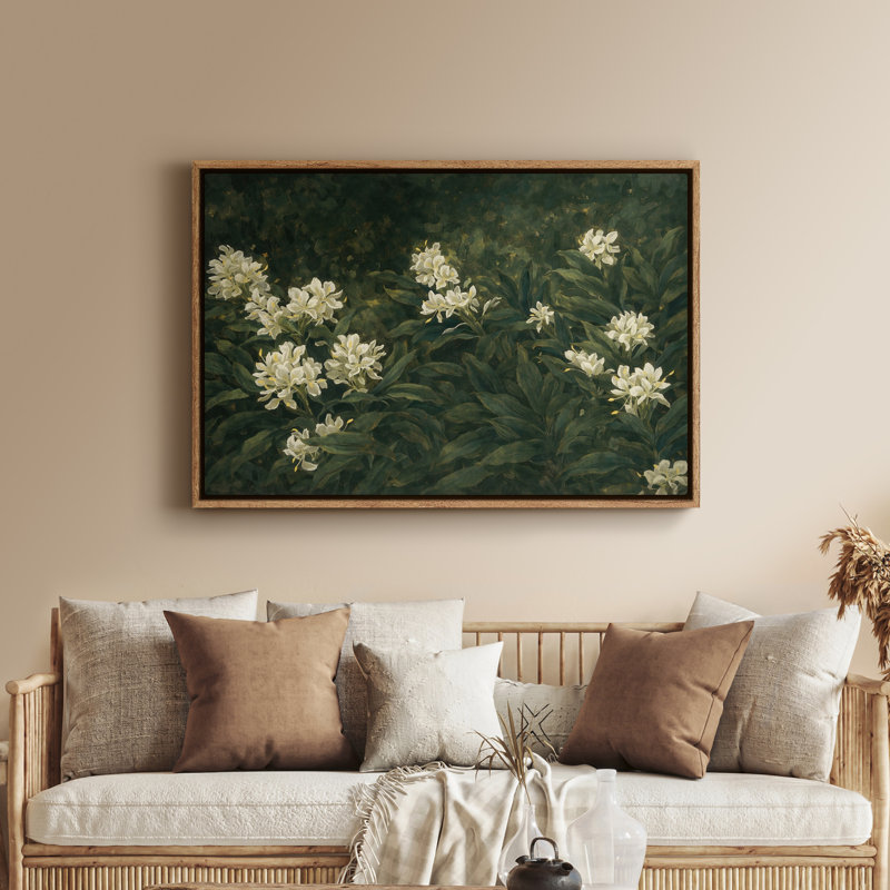 Art mural encadré sur toile - Arbustes botaniques classiques avec des fleurs blanches dans des tons de vert foncé - 16 po x 24 po, 24 po x 36 po