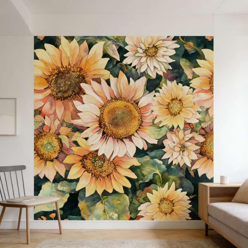 Papier peint auto-adhésif à motif de tournesol, adhésif et rétro floral