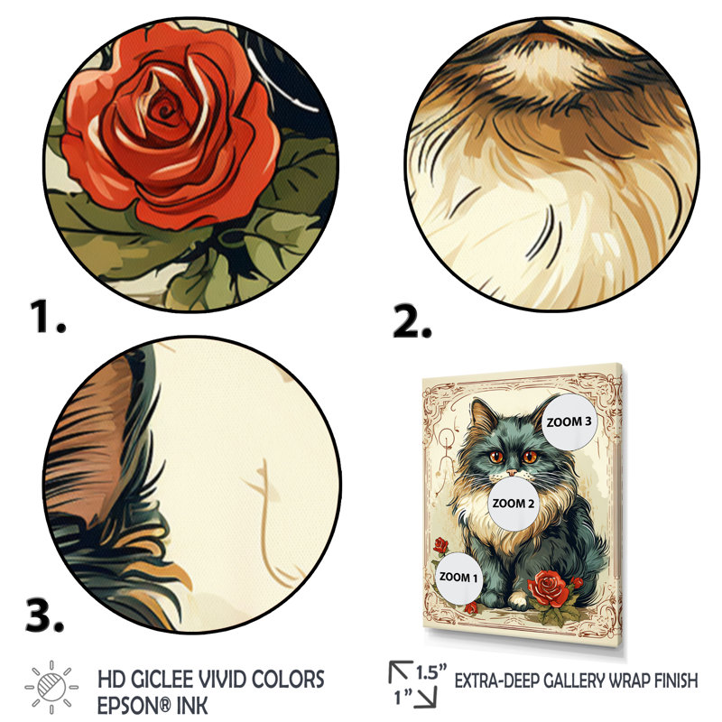 Illustration d'un chat bleu avec roses rouges - reproduction, H 40 po x l 30 po x P 1,5 po, Cadre simple blanc