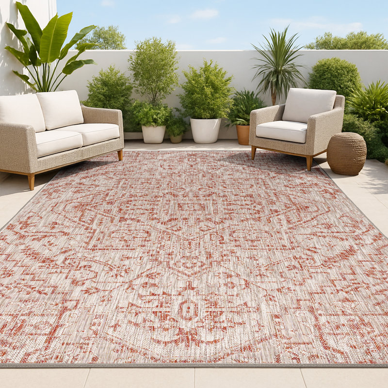 Truman Bohemian Medallion Textured Weave Red/Taupe Indoor/Outdoor Rug, Rectangle 7'9" x 10'