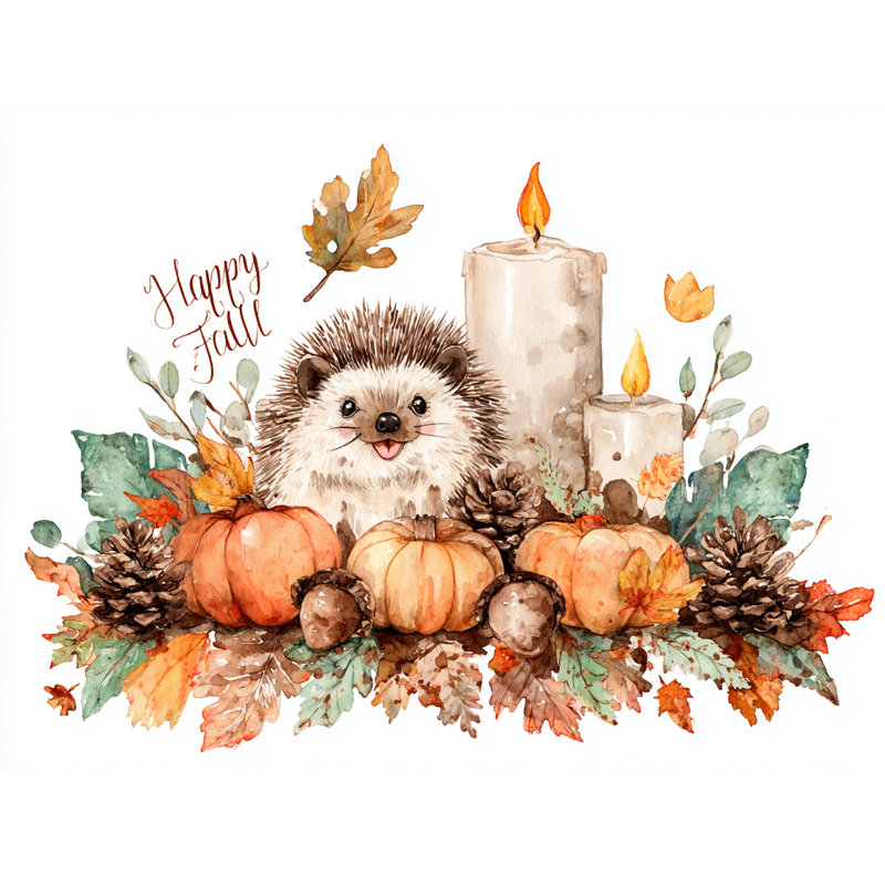 «Happy Fall Hedgehog with Autumn Pumpkins», art mural sur toile tendue