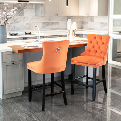 Elegant Button Velvet Bar Chairs, High Elasticity Foam, Solid Wood Frame, Of 2 Orange Mid-Century Style , Tufting, Construction,