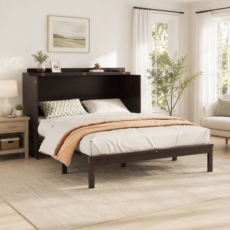 Grand lit escamotable, armoire-lit en bois de pin avec centrale électrique et panneau de décoration en rotin, Espresso