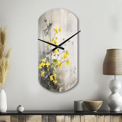 Horloge murale jaune et jaune avec motif floral jaune cylindrique asymétrique