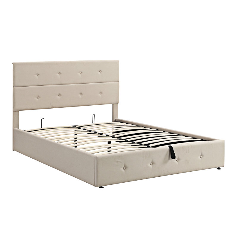 Grand lit plateforme capitonné avec rangement, Beige