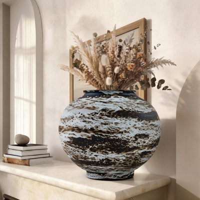 High-Fired Black & White Ceramic Flower Vase, Wide-Mouth Dusty Brown & Sandstone Reactive Glaze Vase, 11.8" Mottled Textured Abstract Artisan Table Vase for Rustic Farmhouse Décor