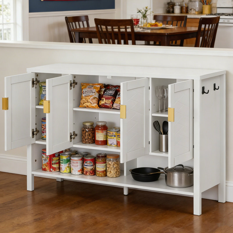 U_STYLE 55.1'' Storage Sideboard with 4-Doors,Multi Functional Buffet with Open Shelf and 2-Tiers Adjustable Shelves,Modern Cabinet with Double Hooks,Suitable for Living Room, Hallway, Dining,Office.